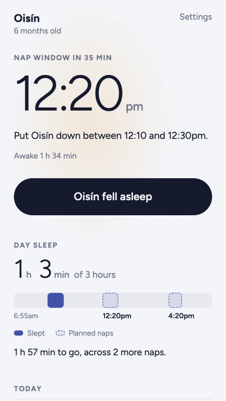 Baby Nap Track's main screen: nap window in 35 minutes, 12:20pm, put Oisín down between 12:10 and 12:30pm.