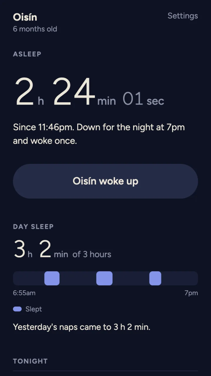 The night screen: asleep since 11:46pm, down for the night at 7pm and woke once.
