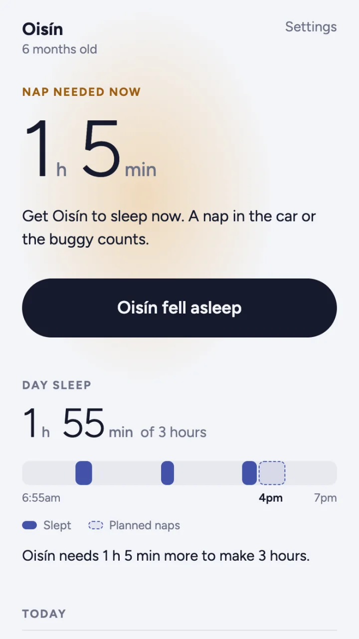 Nap needed now: Oisín needs 1 hour 5 minutes more to make 3 hours of day sleep.
